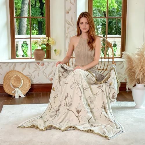 Simple&Opulence Cotton Muslin Throw Blanket 50"x60", Reversible Yarn-Dyed Vintage Khaki Floral Jacquard, 3-Layer Gauze with Tassels, Lightweight Breathable All-Season Decorative Blanket for Bed Couch