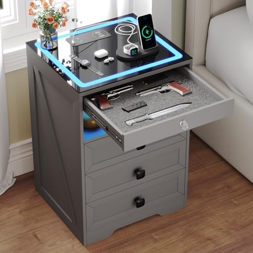 Smart LED Nightstand with Lockable Gun Drawer & Glass Top（Grey）