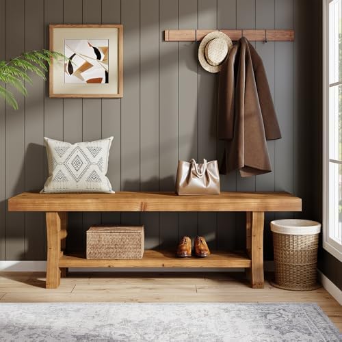 Solid Wood Entryway Bench, 55" End of Bed Bench, Long Indoor Dining Seat for Hallway, Bedroom, Living Room, Dining Room, Easy Assembly, Brown