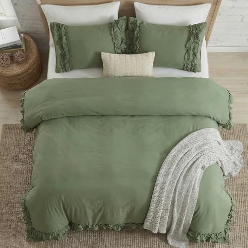 Avocado Green Duvet Cover King Ruffled Bedding Set Pleated Ruffle Fringe Shabby Chic Bedding Super Soft Cozy Boho Bedroom Bedding for All Season