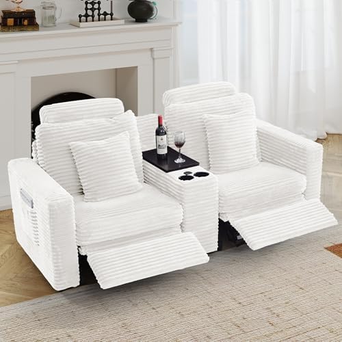 LEVNARY Modular Lift-Top Console with USB Charging and Cup Holders, Center Storage Module for Modular Reclining Sofa (White)