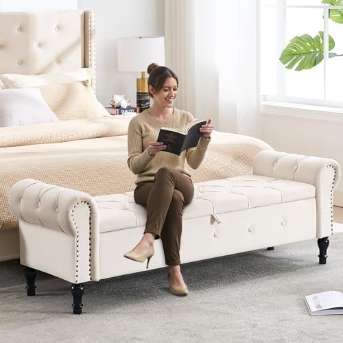 Storage Bench 67" Velvet End of Bed Benches Cream Beige