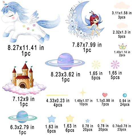 Glow in The Dark Fairy Unicorn Wall Decal Sticker, Girl Bedroom Star Rainbow Castle Princess Wallpaper Decoration, Glowing Moon Ceiling Decor
