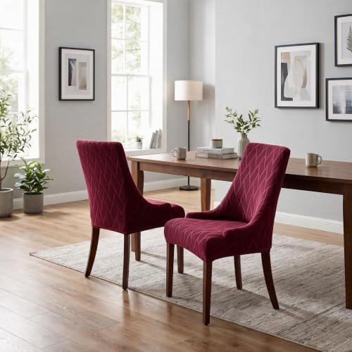 MIFXIN Wingback Side Chair Covers Dining Chair Slipcover Jacquard Stretch Sloping Armchair Protector Arm Chair Seat Cover for Dining Room Living Room Banquet Home Decor (Red, 2 Pcs)