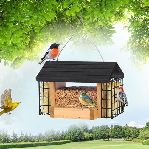 Gbekery Wooden Bird Feeder with Double Suet Metal Cage for Outdoors Hanging