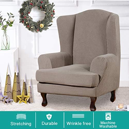 Turquoize Wingback Chair Covers 2 Piece Wing Chair Slipcover Stretch Slipcovers for Wingback Chairs Wing Chair Cover Spandex Jacquard Fabric with Elastic Bottom Non-Slip Furniture Cover, Taupe