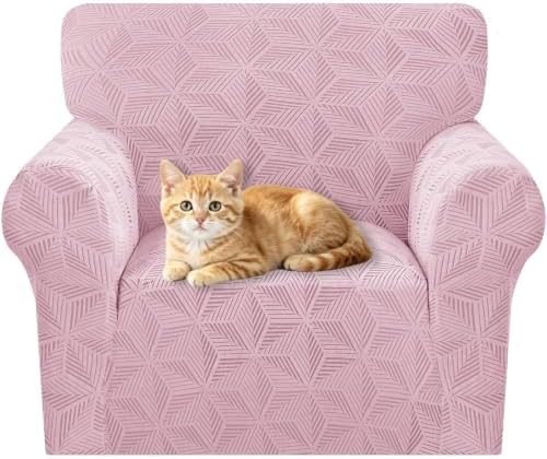 ZNSAYOTX Stretch Chair Cover, 1 Piece Couch Covers for 1 Seat Sofa, Jacquard Armchair Slipcovers with Elastic Bottom Thickened Furniture Protector for Dog Cat Pet (Small, Dusty Pink)