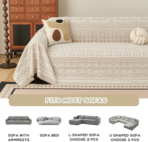 MEETSKY Boho Couch Cover,Geometric Sofa Covers for Dogs,71" x 118",Beige