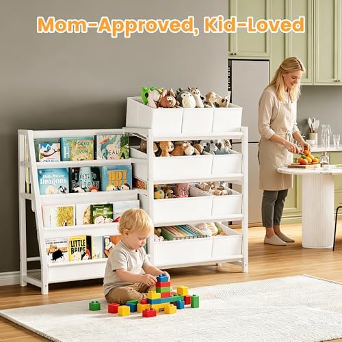 Toy Storage and Kids Bookshelf, toy organizer with 9 Bins+ 4 Tier Bookshelf