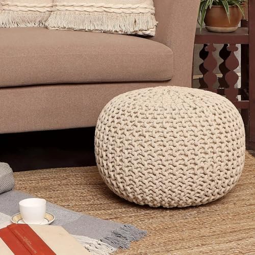 · REDEARTH · Round Pouf Ottoman - Hand Knitted Boho Poof Footrest - Ivory