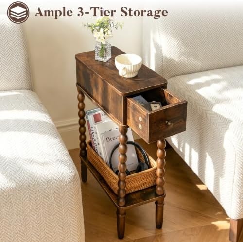 Fultyle Narrow Side Table with Drawer, Skinny End Table with Open Shelf