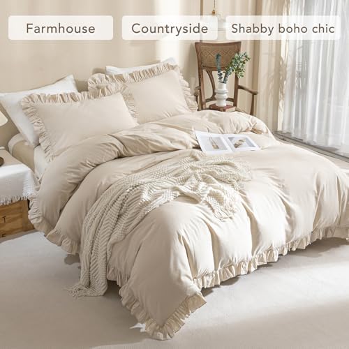 Washed Cotton Queen Duvet Cover Set Ruffle Duvet Cover Linen Textured Farmhouse Shabby Vintage Chic Bedding Comforter Cover 3 Pieces Aesthetic French Country Queen Bed Set