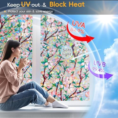 Rainbow Window Privacy Film Decorative Window Sticker, 3D Static Stained Glass Cling Tint for Home Heat Control Non-Adhesive, 11.8 Inch * 157.4 Inch