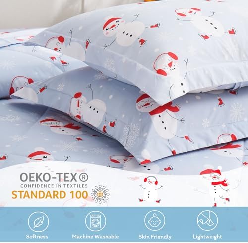 JSD 3 Piece Blue Snowman Snowflakes Kids Christmas Comforter Set Full Size