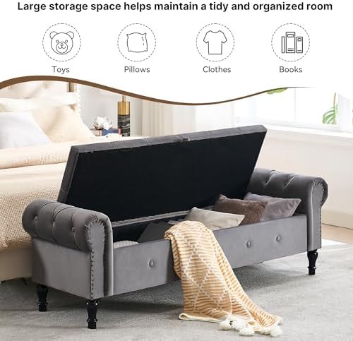 Storage Bench 67" Velvet End of Bed Benches Dark Grey