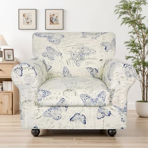 SearchI Stretch Sofa Cover Printed Couch Covers, Floral Pattern 2 Piece Armchair Slipcover with Separate Chair Cushion Cover, Washable Furniture Protector for Living Room(Chair, Butterfly Pattern)