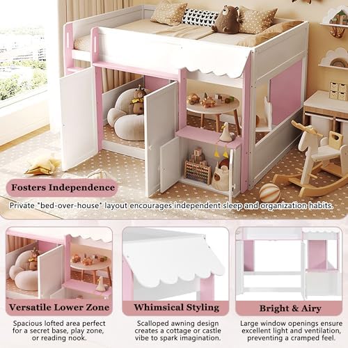 Bellemave Full Size Low loft Bed for Kids,Wood Modern Farmhouse Full Loft Bed with Storage Cabinets, No Box Spring Needed, White+Pink