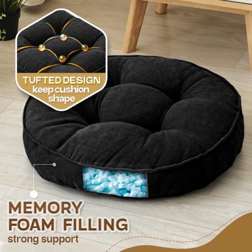 MIDDLE ONE Floor Pillow Set of 2, Memory Foam Cushion 22x22 – Round, Black
