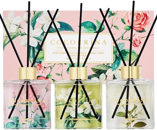 COCORRÍNA Reed Diffuser Set of 3-3 Pack/ 3.04 Fl.oz Diffuser with 24 Sticks Pink Rose/Gardenia/Jasmine & Mint, Reed Diffuser for Home Bathroom Office Decor