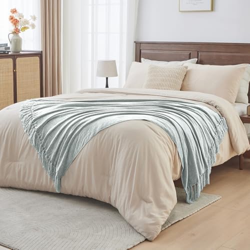 CozeCube Chenille Throw Blanket, Baby Blue Fringe Blanket, 60"X80"