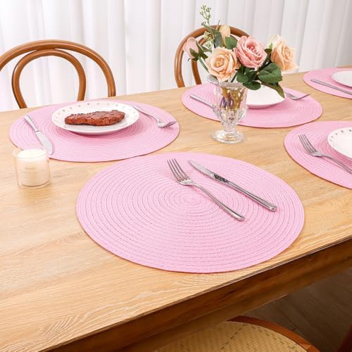 SHACOS Pink 15 inch Round Braided Placemats Set of 4 Washable Non Slip