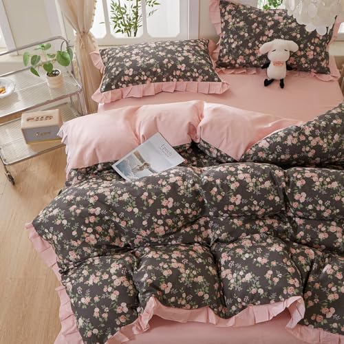 Cotton Floral Duvet Cover King Size 3 Pcs,Ruffled Bedding 104"×90"