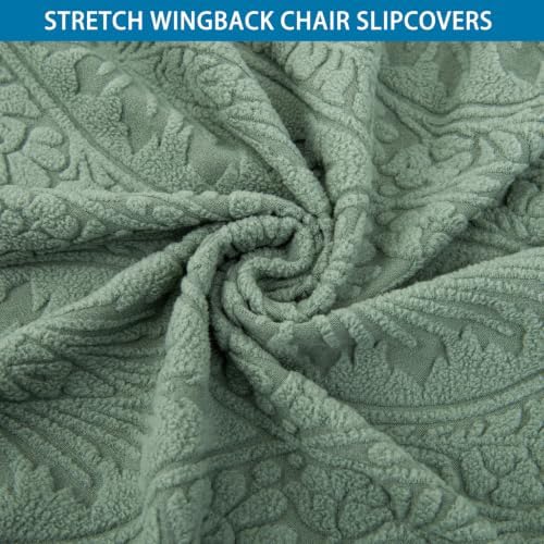 HZDHCLH Wingback Chair Slipcovers 2 Piece Stretch Spandex Chair Covers Washable Armchair Protector with Elastic Fit for Living Room Bedroom Green Embossed Leaf Pattern