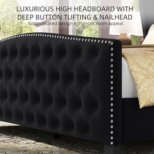 BRELTAM Upholstered Queen Size Bed Frame Velvet Black Tufted Platform Bed Frame with Wingback Headboard & Footboard, with Deep Button Tufted & Nailhead Wooden Slats Support, No Box Spring Needed