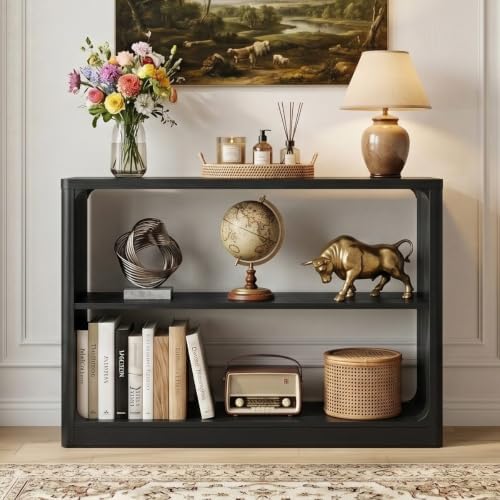 FATORRI Entryway Console Table with 3-Tier Storage Shelves, Rustic Farmhouse Narrow Sofa Table for Living Room, Hallway, Behind Couch (Black)