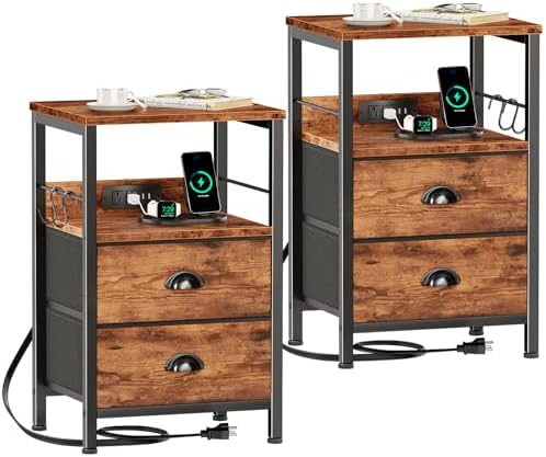 Furologee Nightstands Set of 2 with Charging Station, 2 Fabric Drawers