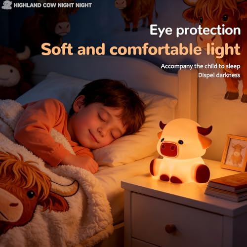 Highland Cow Night Light, Kids Rechargeable LED Lamp with Timer