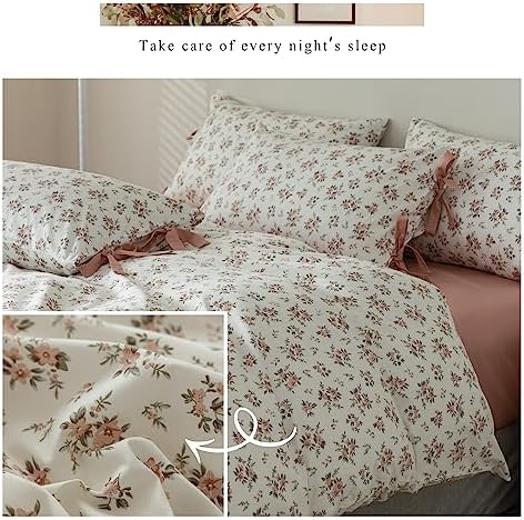 HighBuy Boho Floral Duvet Cover Full Girl Soft Cotton Pink Floral Bedding Set for Teen Dorm with 2 Bow Tie Pillowcases,Aesthetic Chic Comforter Cover Full with Zipper Closure,Room Decor Bedding