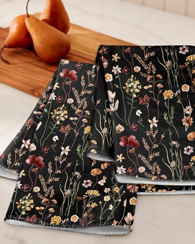 Miss Adola Cute Kitchen Towels Set of 2, 18 x 26 Inch, Black Flower