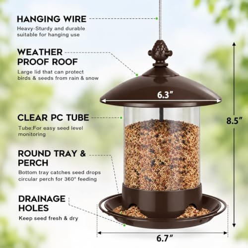 Gbekery Metal Bird Feeders for Outdoors Hanging, 360° Feeding Tray, Brown