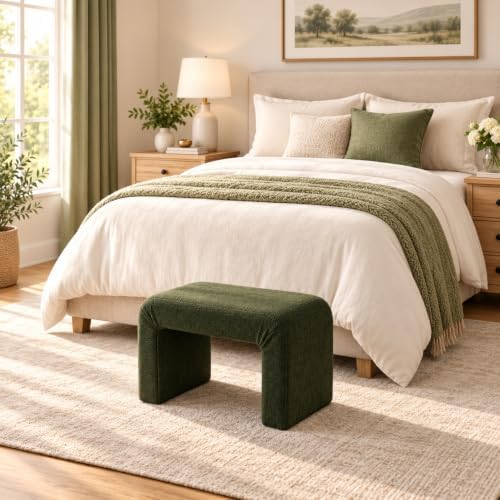 Modern Boucle Ottoman Footstool, 24" Arched Accent Stool with Soft Upholstered Seat, Small Vanity Stool Chair for Bedroom, Living Room, Entryway, Fully Assembled, Dark Green