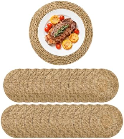 Set of 24 Round Woven Placemats, 13 Inch Rattan Chargers for Dinner Plates, Wicker Placemats, Boho Farmhouse Rustic Braided Jute Table Mats for Kitchen Dining Party Decor
