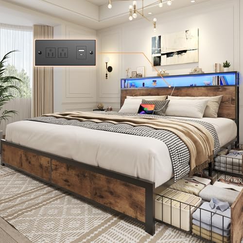 Lifezone Queen Bed Frame with 2-Tier Storage Headboard, Metal Platform Bed Frame with 4 Storage Drawers, Built in Charging Station & LED, Noise-Free/Metal Support/No Box Spring Needed, Rustic Brown