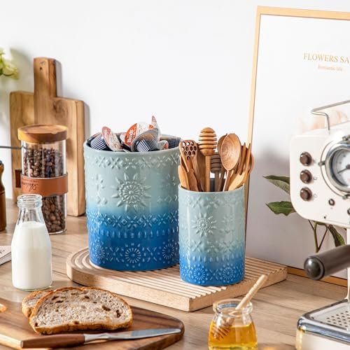LOVECASA 7.2"+5.4" Ceramic Utensil Holder Set of 2, Coastal Crock