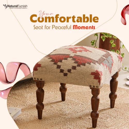 Handmade Jute Upholstered Ottoman Stool | Square Foot Rest with Wooden Legs | Decorative Accent Seating for Bedroom, Living Room, Entryway, Vanity & Hallway (Beige-Red)