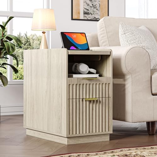 iPormis Fluted Narrow End Table with Charging, 2-Drawer Nightstand, Natural