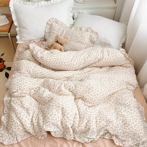 Soft Cotton Muslin Duvet Cover Girls Kids Floral Duvet Cover Beige Crib Bedding Comforter Cover Quilt Cover, 47"x59", Camellia Print (Pillowcases Not Included)