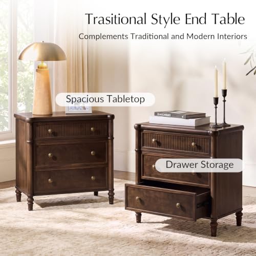 HULALA HOME Traditional Nightstand with Charging Station, Auburn, Set of 2