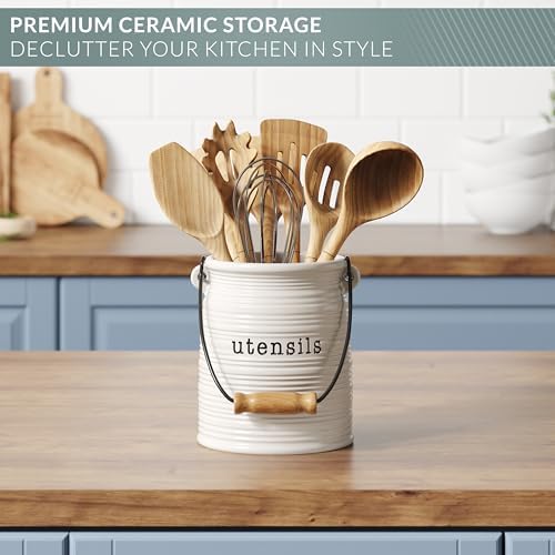 Barnyard Designs Ceramic Farmhouse Kitchen Utensil Holder, 6" White