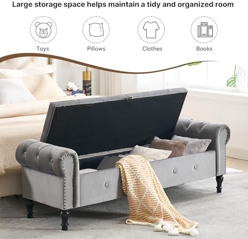 Storage Bench 67" Velvet End of Bed Benches Light Grey