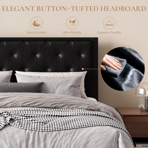 SHA CERLIN Queen Size Metal Bed Frame with PU Tufted Headboard, Black