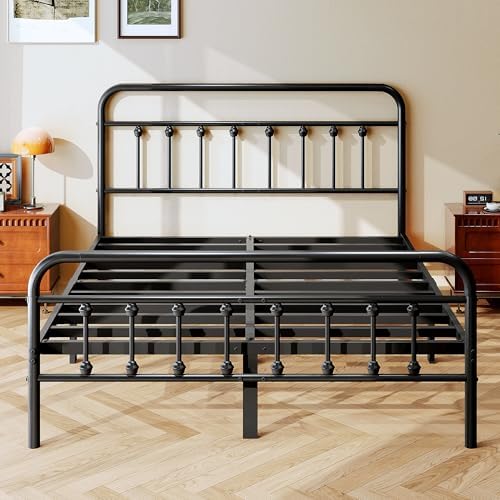 zunatu Full Size Metal Bed Frame, Victorian Style Headboard and Footboard