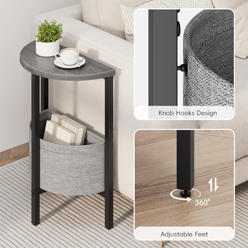 Vagusicc Small Round Side Table End Table, Tall Accent Table with Storage Basket, Set of 2 Half Round Table Half Moon Tables, Coffee Bedside Table Modern Nightstand for Living Room Bedroom Gray Walnut