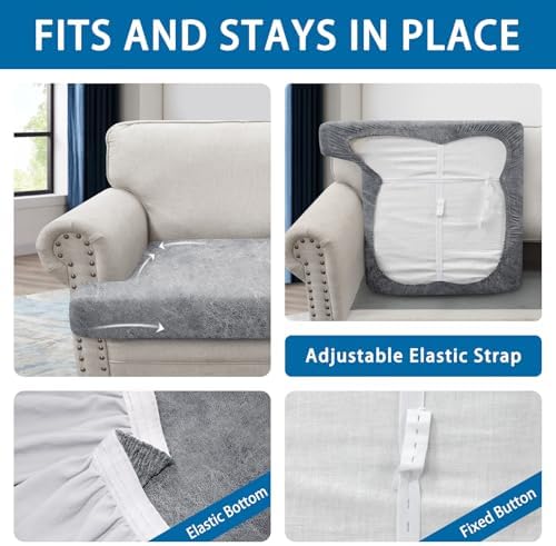 T Cushion Sofa Slipcovers Leather-Look 2PC Stretch Sofa Cushion Covers for 2 Cushion Couch Individually Couch Seat Cover with Elastic Bands, Pet-Friendly, Non-Slip, Easy Fit - Light Grey