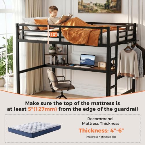 Twin Loft Bed with Desk, USB Charging Station, LED Light and 2 Storage Shelves, Metal Heavy Duty Loft Bed Twin Size for Adults, Teens, No Box Spring Needed, Black
