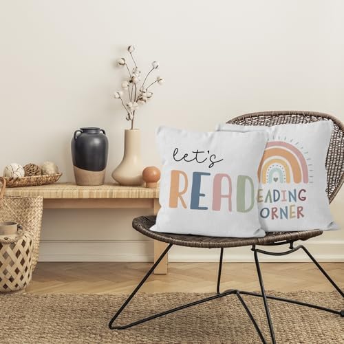 Kids Throw Pillow Covers 18x18, Let's Read Play English Alphabet Rainbow Decorative Pillow Covers for Kids Nursery Reading Corner Room Nook Playroom, Classroom Accent Pillows Cover Set of 4
